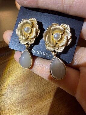 Gold Flower Drop Earrings with Grey Teardrop Stone